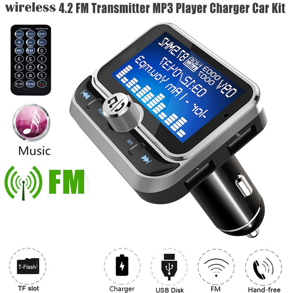 1.8inch Screen Car FM Transmitter Wireless Radio Adapter Handsfree Music Player Car Kit With Remote Controller Phone Charger Sup