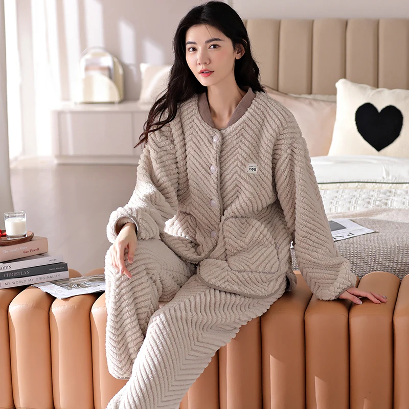 Winter Thick Warm Women Casual Flannel Pajamas Set Long Sleeve Female Home Clothing