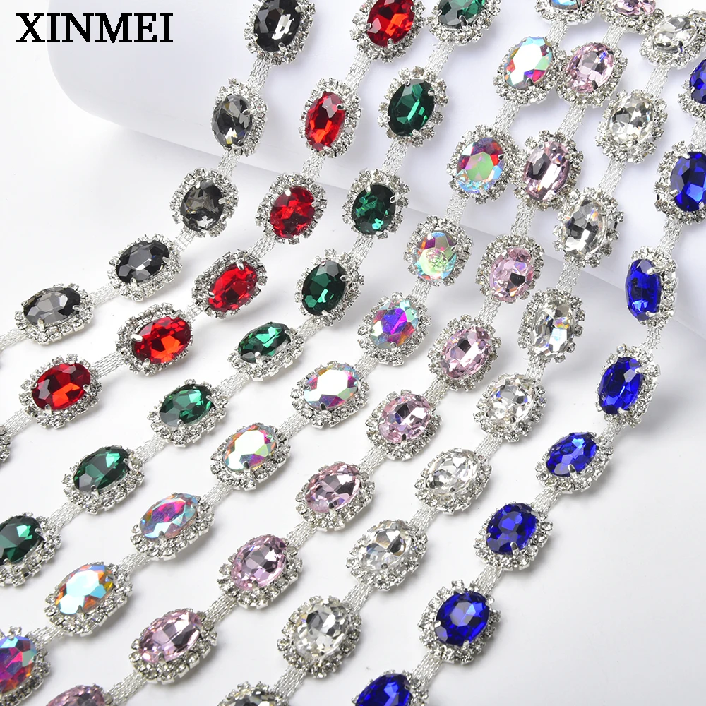 New Silver Metal Oval Glass Crystal Rhinestone Cup Chain Sew on Wedding Dress Belt Dance Clothes Shoes Bags Decoration Trim