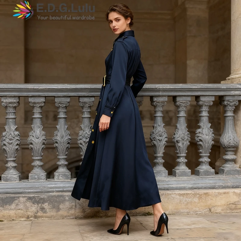 EDGLuLu Retro Colletto rovesciato Monopetto Abiti lunghi Donna 2025 Autunno Nuovo Nuovo abito in raso a maniche lunghe + Cintura 1116