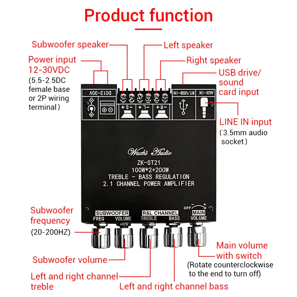 Imagem -03 - Placa Amplificadora Bluetooth Canal Zk-st21 2.1 100w Mais 100w Mais 200w Subwoofer Tpa3221 Suporte a Chip Aux Disco u Placa de Som