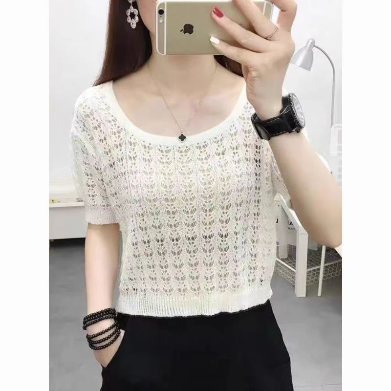 

Women Chiffon O-neck Shirt Female Elegant Print Lace Fluffy Short Sleeve Top Ladies Fashion Hollow Oversize White Blouse Q165