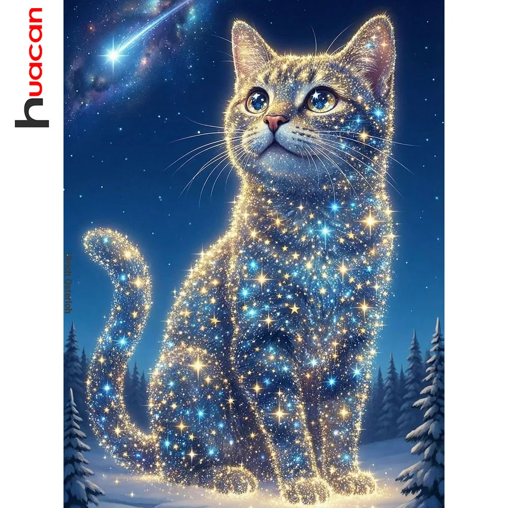 Huacan Full Square Round Diamond Painting Starry Sky Cat Diamond Mosaic Animal LAndscape Set Picture Of Rhinestones