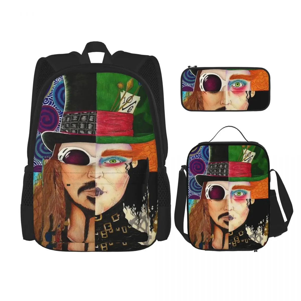 

Johnny Depp Character Collage Backpacks Boys Girls Bookbag Children School Bags Rucksack Lunch Bag Pen Bag Three-Piece Set