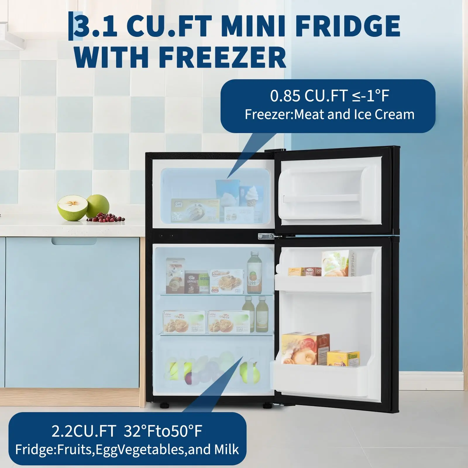 ثلاجة صغيرة 1.6/3.1 قدم مكعب مع فريزر باب واحد/مزدوج ترموستات قابل للتعديل ثلاجة مدمجة لمكتب الشقة المنزلية