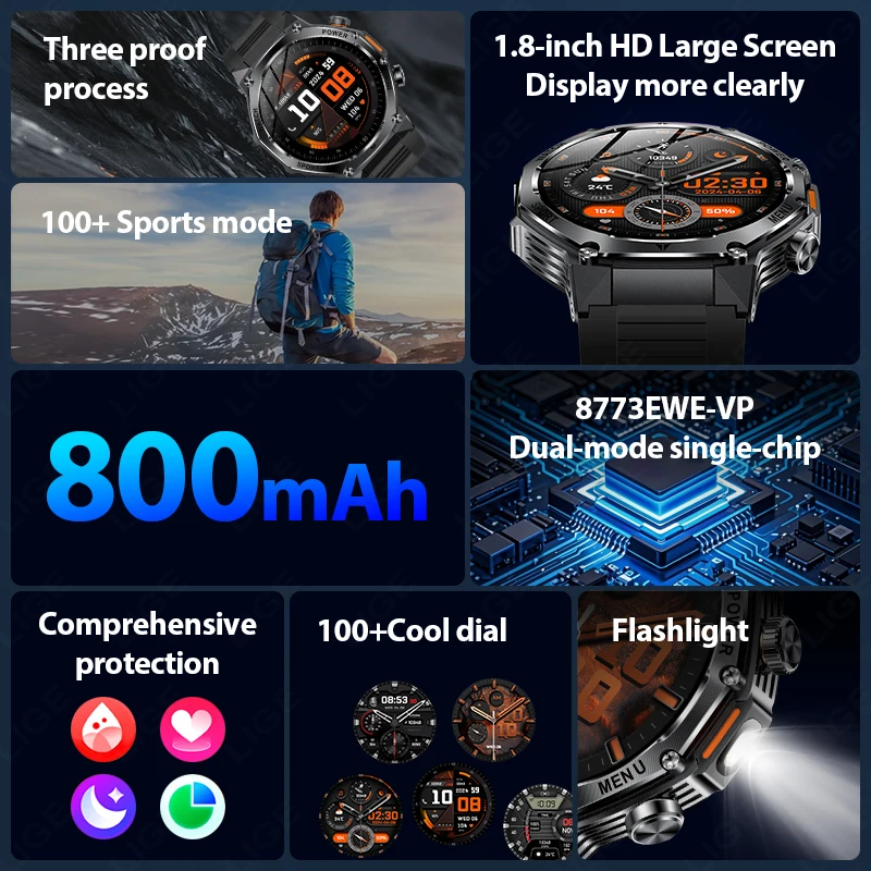 LIGE Men's Smart Watch 5.2 Bluetooth Call One Click Connection IP67 Waterproof 800mAh Battery Outdoor Smartwatch For Android iOS