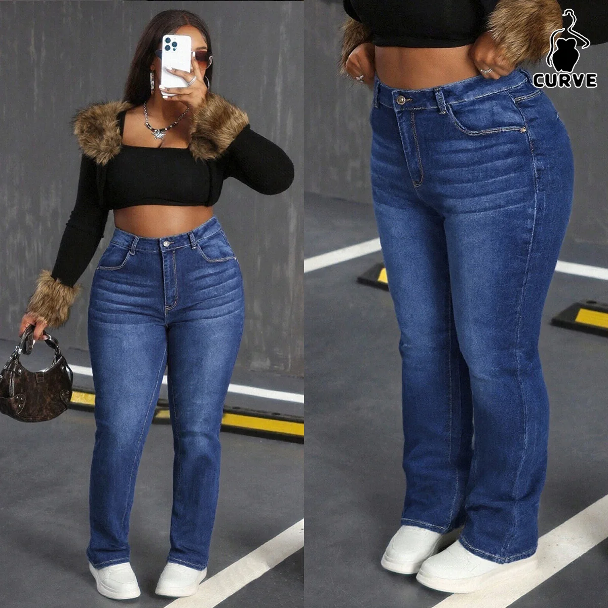 

Женские джинсы Slim Fit Stretch больших размеров, классический стираный универсальный стиль, подчеркивает идеальную фигуру