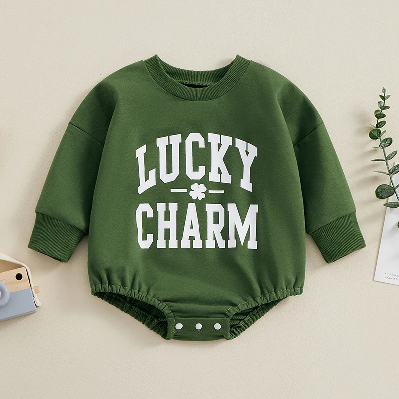 Baby Boy St Patricks Day Outfit Letter Print Long Sleeve Romper  Newborn Shamrock Bodysuit