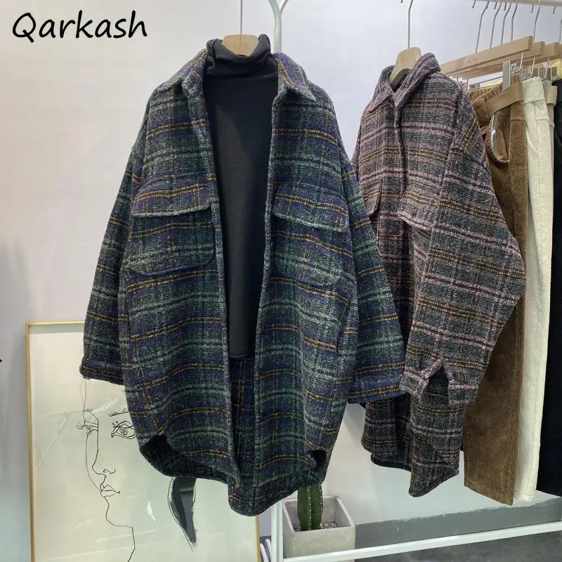 

Plaid Blends Women Loose Vintage Wool Coat Warm Winter Lazy Fashion Ulzzang Classic All-match Females High Street Pockets Daily