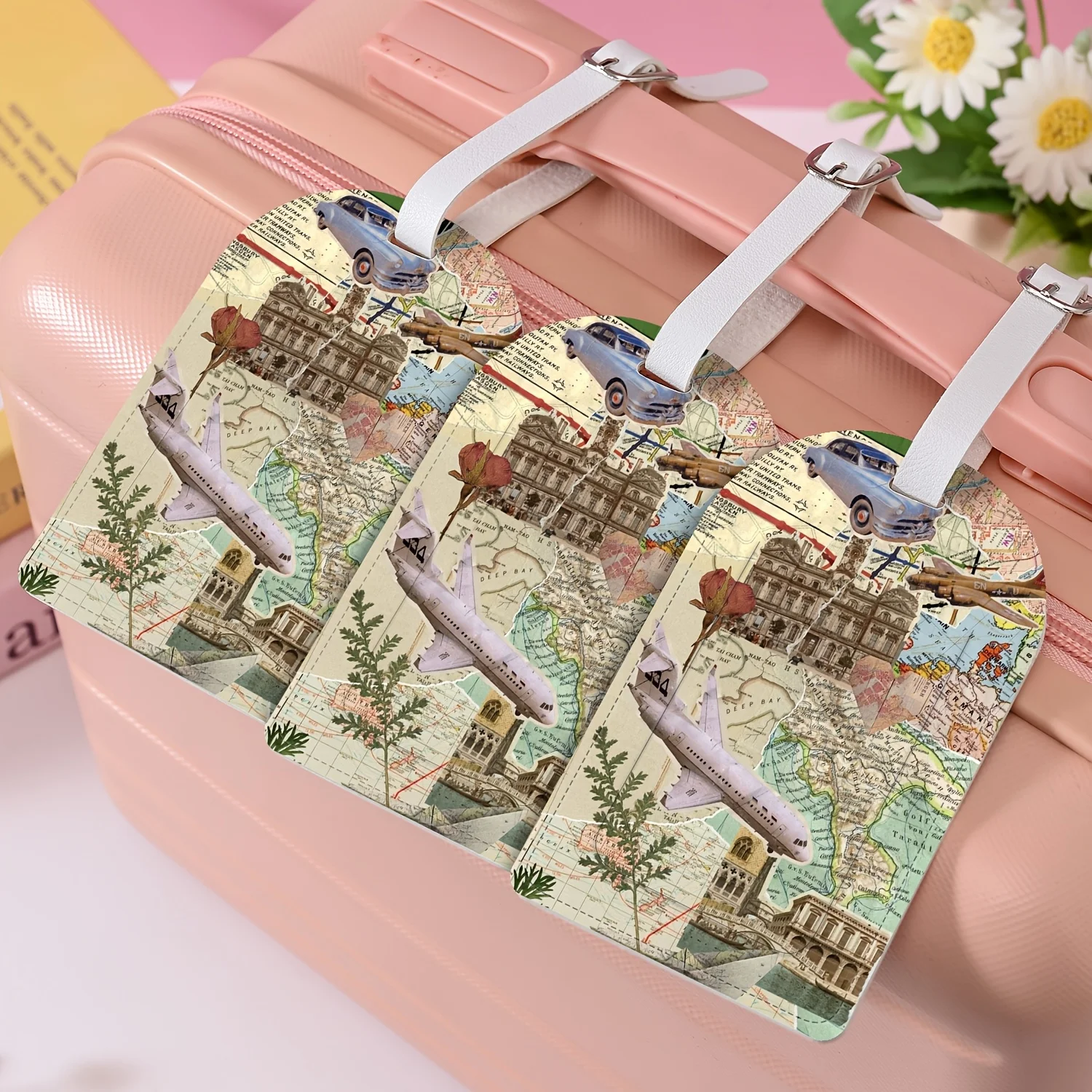 PU Luggage Tag Suitable for Airports Cruises Business Trips Suitcase Tag with Travel Collage Map Airplane Car Architecture