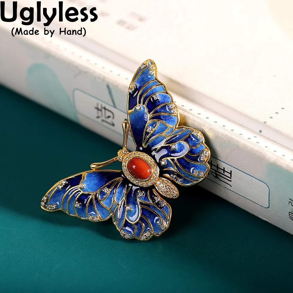 Uglyless Dual-use Enamel Butterfly Pendants Brooch Women Vintage Ethnic Insects Necklaces NO Chain 925 Silver Agate Butterflies