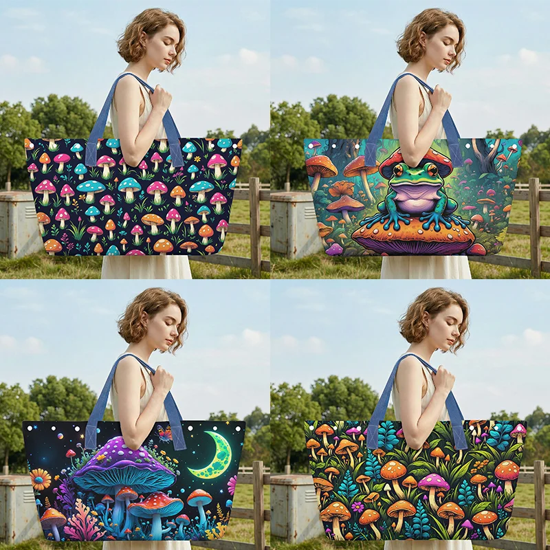 

Женская сумка-тоут Fantasy Mushroom Butterfly Frog Totes Moon Frog, вместительная сумка для хранения, складная дорожная сумка через плечо