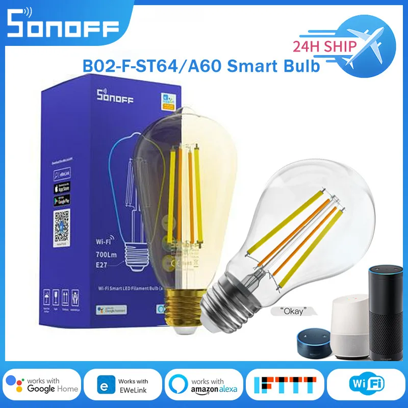 

SONOFF B02-F-ST64/A60 Smart WiFi LED Filament Bulb E27 Dimmable Light Bulbs Lamp Dual-Color Remote Control Via Ewelink APP/Voice