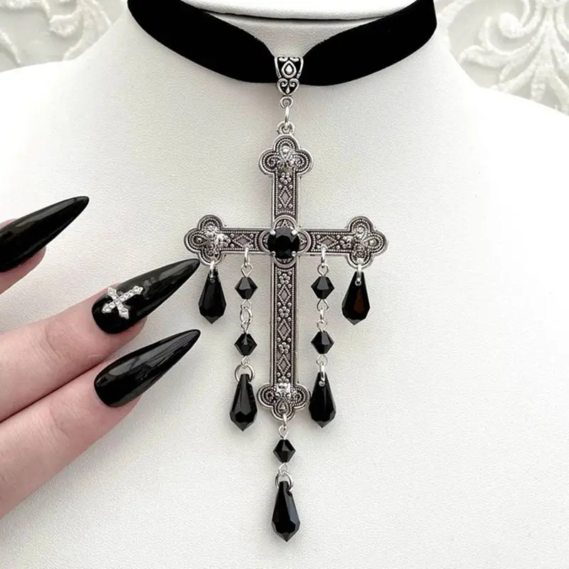 Gothic Vampire Cross Necklace for Women Man Alternative Witch Jewelry Accessories Vampire Red Black Crystal Cross Velvet Choker