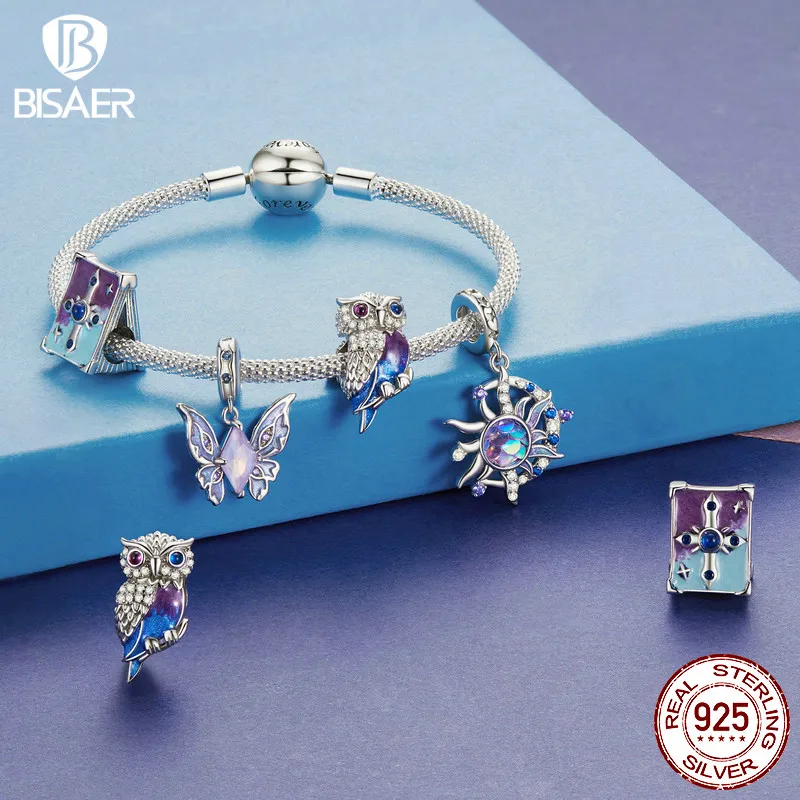 BISAER 100% 925 Sterling Silver Magic Rabbit Charm Bead Butterfly Owl Cat Pendant Fit Women DIY Bracelet & Necklace Fine Jewelry