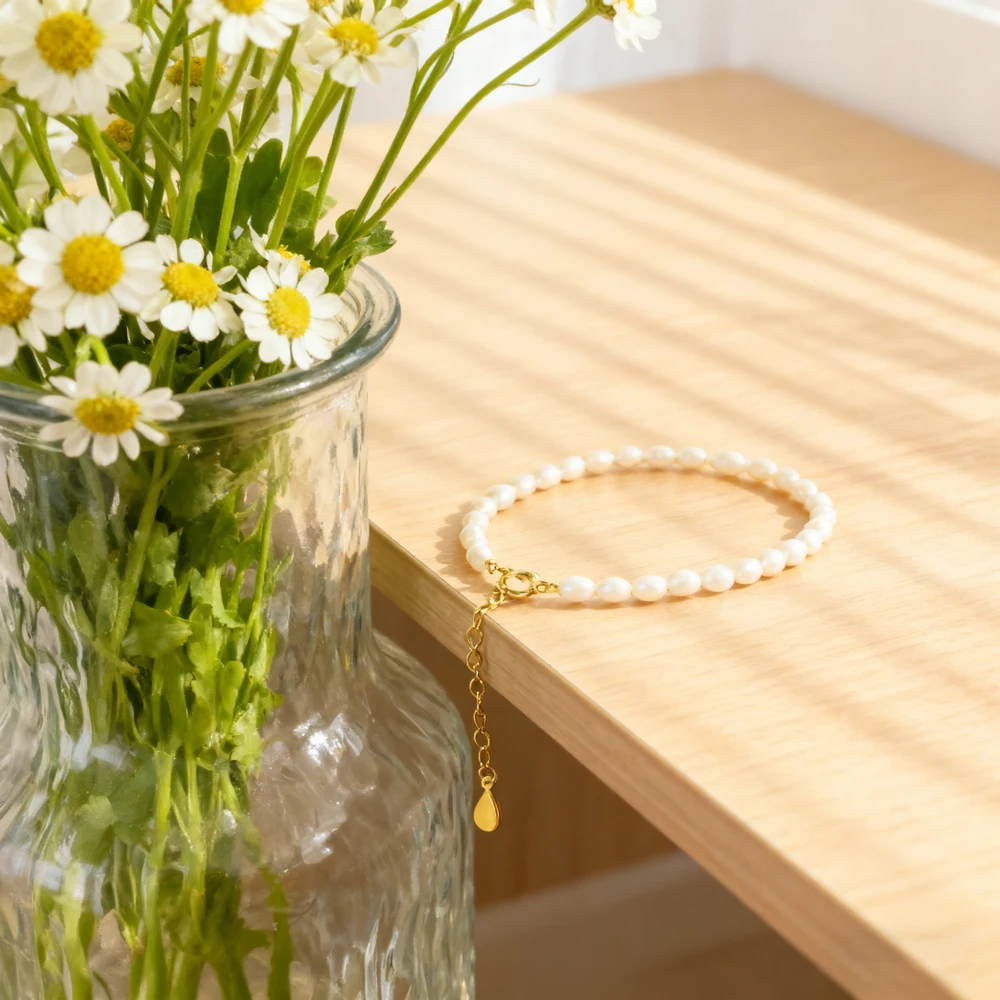 HENGSHENG Small Size 3-4mm Natural Freshwater White Pearls Rice Shape Bracelet Simple Trendy Style For Women Girls Jewelry Gifts