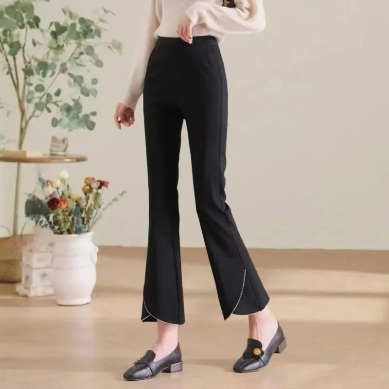 

Autumn Winter New Solid Color High Waist Pearl Decoration Spliced Casual Flare Fashion Simplicity Slim Appear Thin Women's Pants