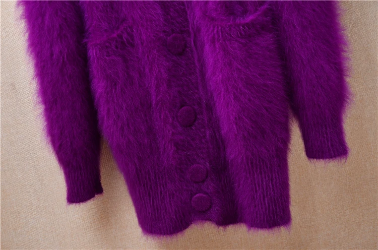 Female Women Fall Winter Purple Hairy Mink Cashmere Knitted Hooded Long Sleeves Slim Cardigans Angora Fur Sweater Jacket Sweater