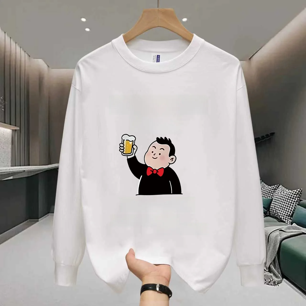 Loose Fit Long Sleeve T-Shirt Pure Cotton Crew Neck Base Layer Top Trendy Printed Bottoming Shirt for Men Autumn Season