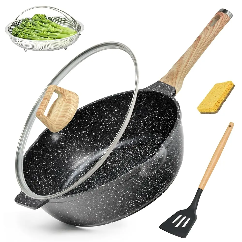 

Сковорода для глубокой жарки 12 дюймов с антипригарным покрытием, крышкой и ситом, 5,5-литровая двусторонняя гранитная сковорода-сотейник без прилипания к поверхности, без PFOA