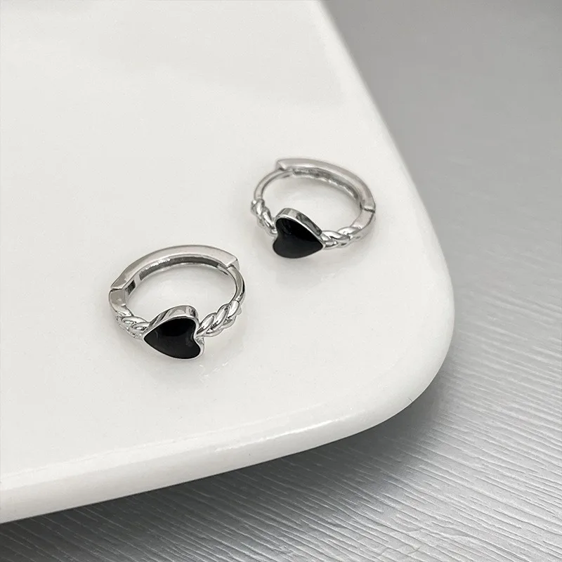 925 Sterling Silver Black Heart hoop Earrings Temperament Simple Inlaid for Women Wedding Jewelry Accessories