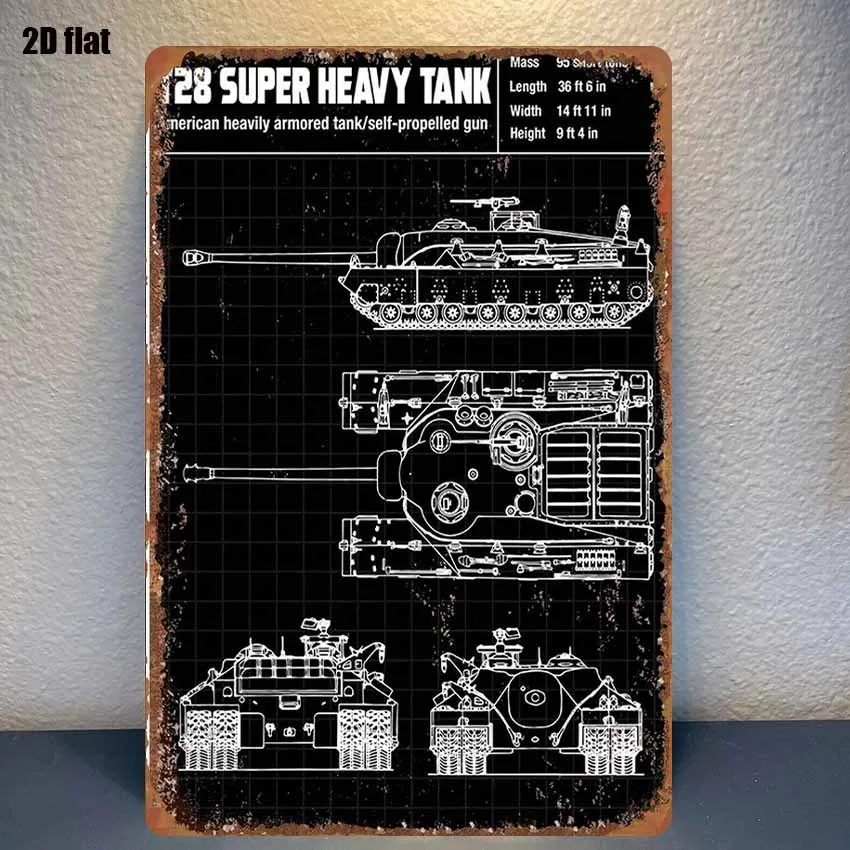 CIFBUY Vintage WWII T28 Super Heavy Tank Blueprint Aluminum Wall Art Waterproof Rustproof Metal Sign Decor For Home Bar Garage G