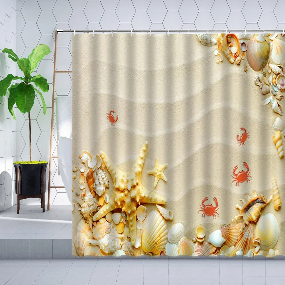 Summer Beach Shell Shower Curtain Starfish Sea Scenery Bathroom Wall Decoration Cloth Bathtub Screen Hanging Curtains polyester