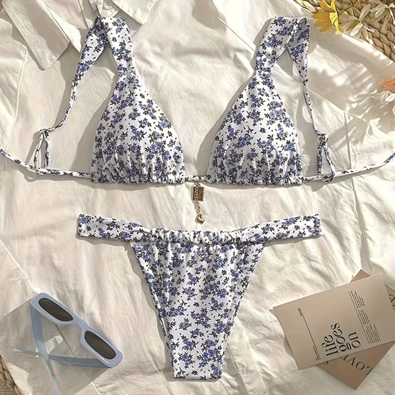 Vintage Print High Waist Bikini Swimsuit Women Sexy Lace Up Triangle Mini Thong Push Up Bikini 2025 New Spice Girl Bathing Suit