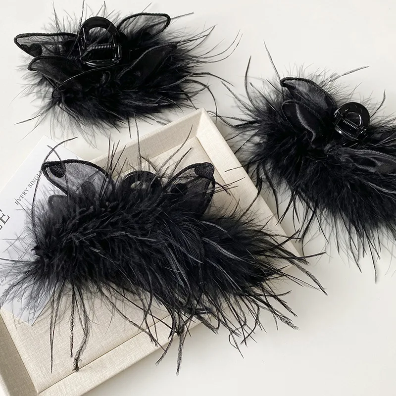 1pc Large Feather Shark Clip Volumizing Hair Claw for Women Back of Head Bun Holder Autumn Winter Ethereal Style