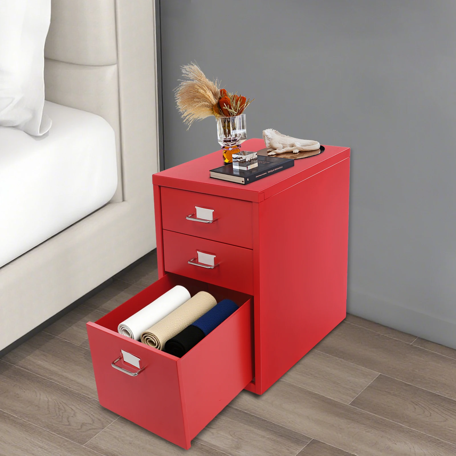خزانة ملفات متنقلة، خزانة ملفات مع 3 أدراج، خزانة تخزين معدنية بعجلات باللون الأحمر والأرجواني للمكتب المنزلي