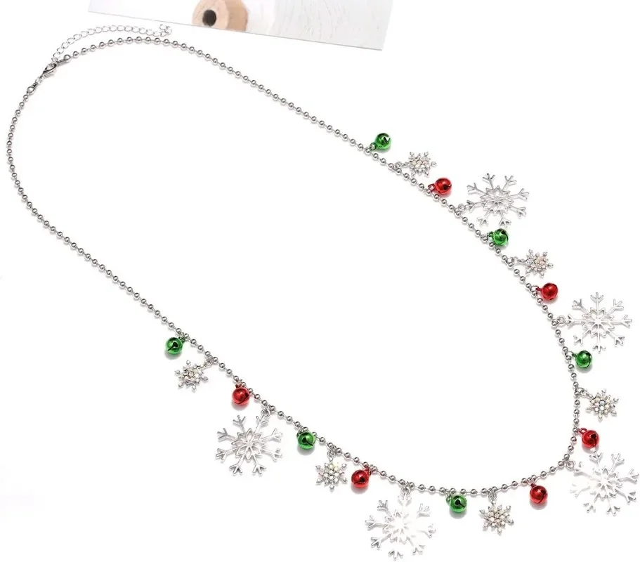 Navidad largo brillo copo de nieve collar de Navidad JOY colgante Navidad vacaciones collares festivos para mujeres joyería de fiesta