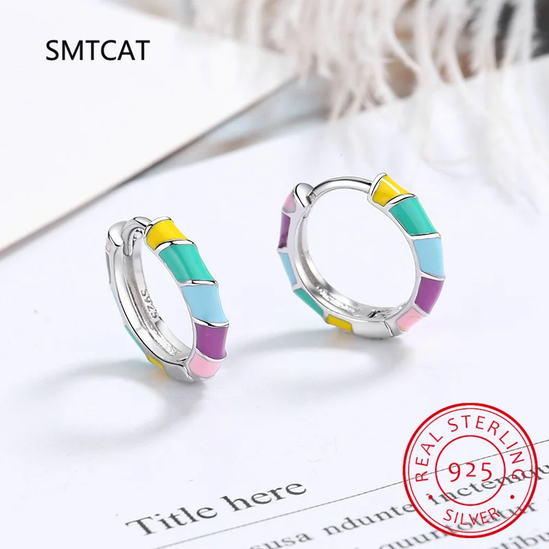 Genuine 925 Sterling Silver Multi-color Enamel Twist Line Hoop Earrings Rainbow Round Ear Buckles for Girl Trendy Jewelry Gift