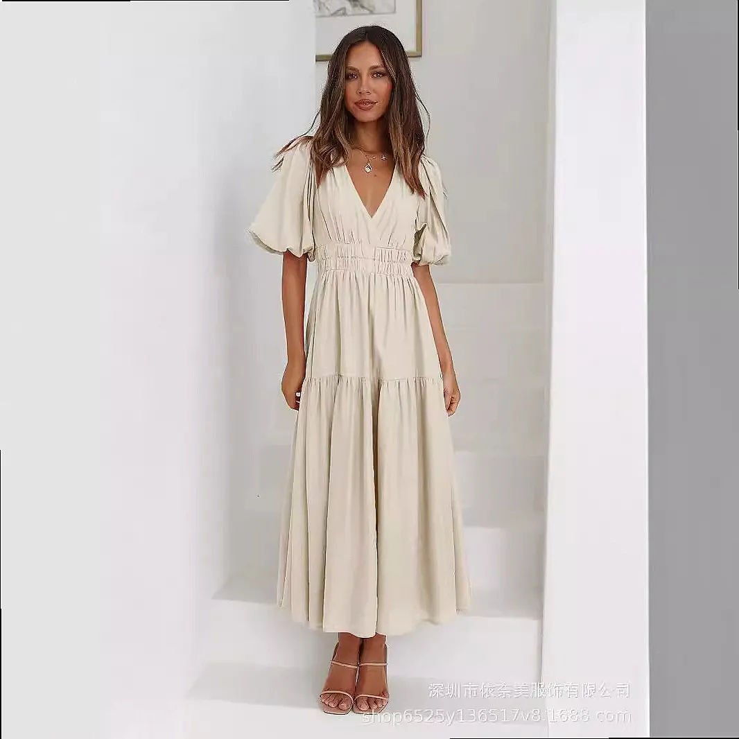 Deep V Bubble Sleeve Summer Dress, Women's Fashion Ruched Bodycon Midi Dress for Vacation, Party Evening Dresses