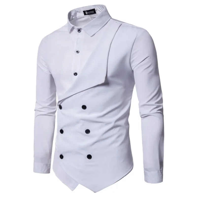 

2023 Men's Fashion Casual Versatile Personalized Double Breasted Fake Two Piece Long Sleeve Shirts