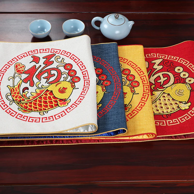 

Custom Waterproof Fine Embroidery Lucky Fish Table Runner Chinese Style Coffee TableCloth Rectangle Cabinet Decor Dust Covers