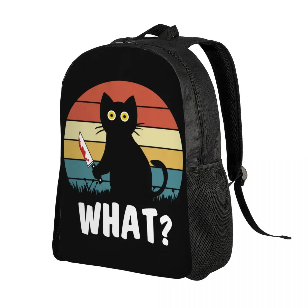 Mochila gato preto para homens e mulheres, impermeável, escola universitária, engraçado, gato assassino segurando faca, saco de Halloween, saco de impressão