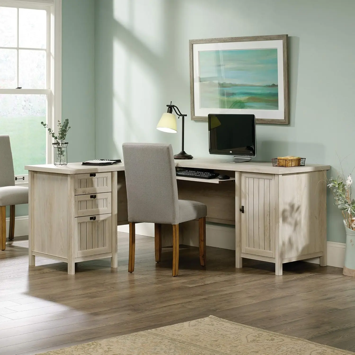 

L-Shaped Desk with Drawers, Corner Desk with Storage and Keyboard Tray, in Chalked Chestnut