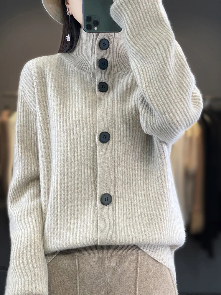 Thick Women Turtleneck Wool Cardigan Casual Loose Solid Sweater Autumn Winter 100% Merino Wool Knitwear Korean Coat Clothing