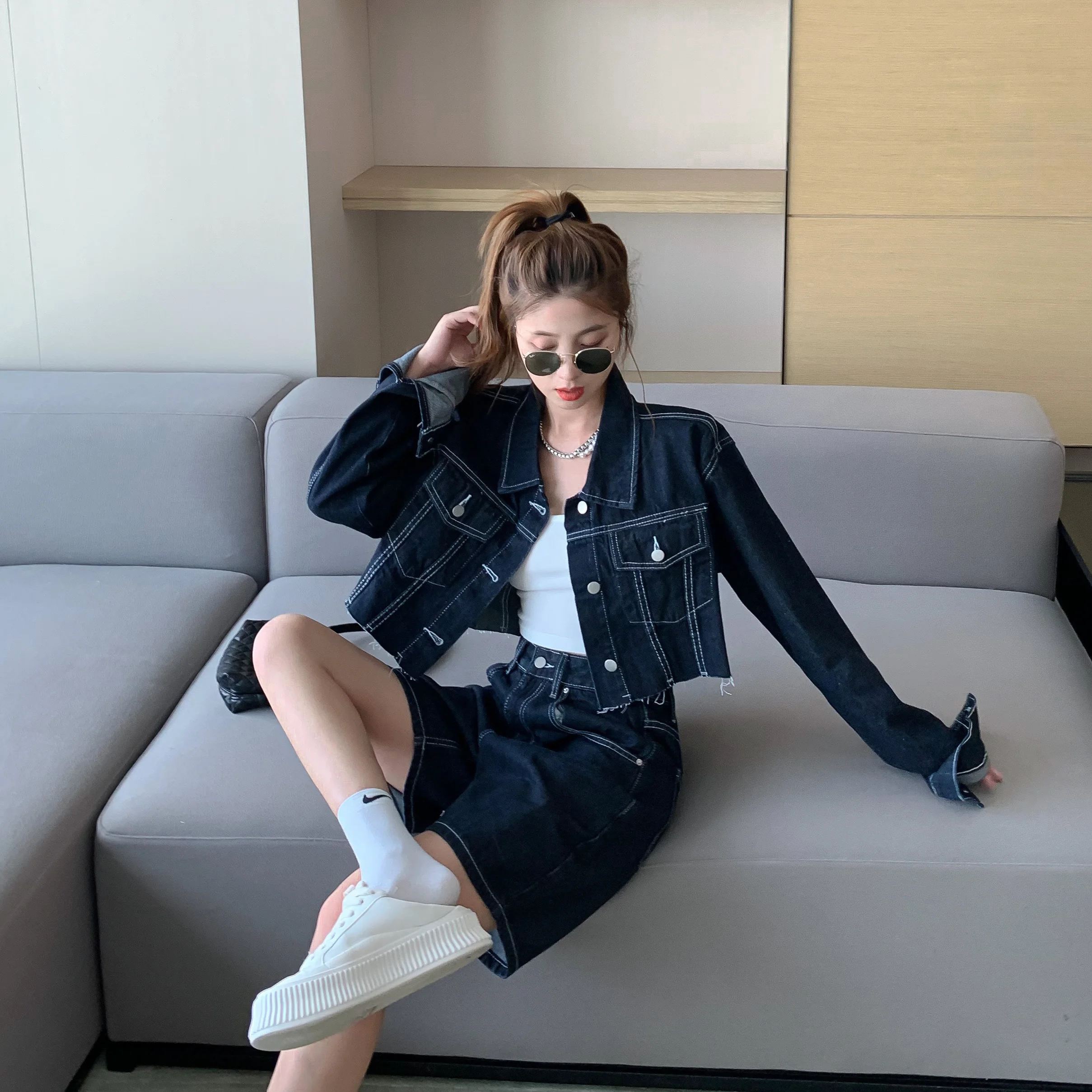 Fashion Hot Girl Two Piece Suits Women 2023 Autumn New Cropped Denim Jacket Female Thin Tops and Pants Sets Woman