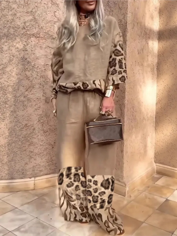

Women Fashion Vintage Leopard Printed Two Piece Pants Set Loose Seven-quarter Sleeve Tops Wide Legs Trousers Sets Spring Autumn