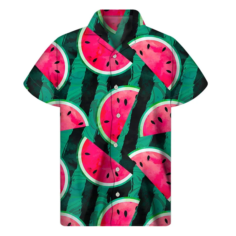 

2024 Colorful Watermelon Graphic Hawaiian Shirt Summer Tops Short Sleeves 3d Printed Fruit Button Shirt Men Clothes Lapel Blouse