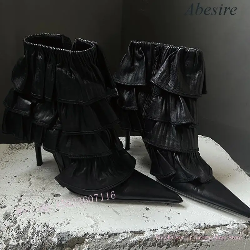 Niche Design Pleated Skirt Decorated High Heel Slim Women's Boots New Pointed Toe Stiletto Heel Cake Hottie Black Classic Trend