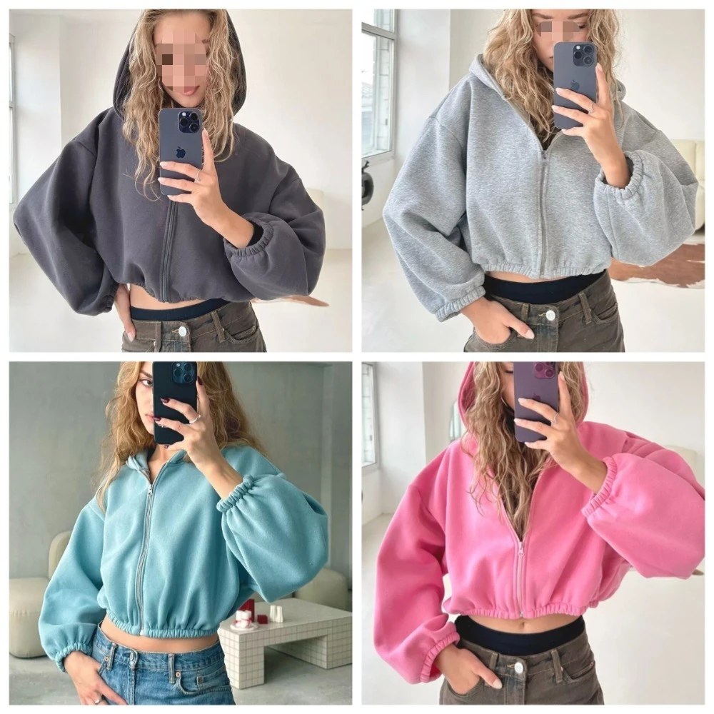 

2025 готический стиль, повседневная короткая куртка-свитер с длинными рукавами и капюшоном, весна/осень, спортивный кардиган с открытой молнией на талии и пупком