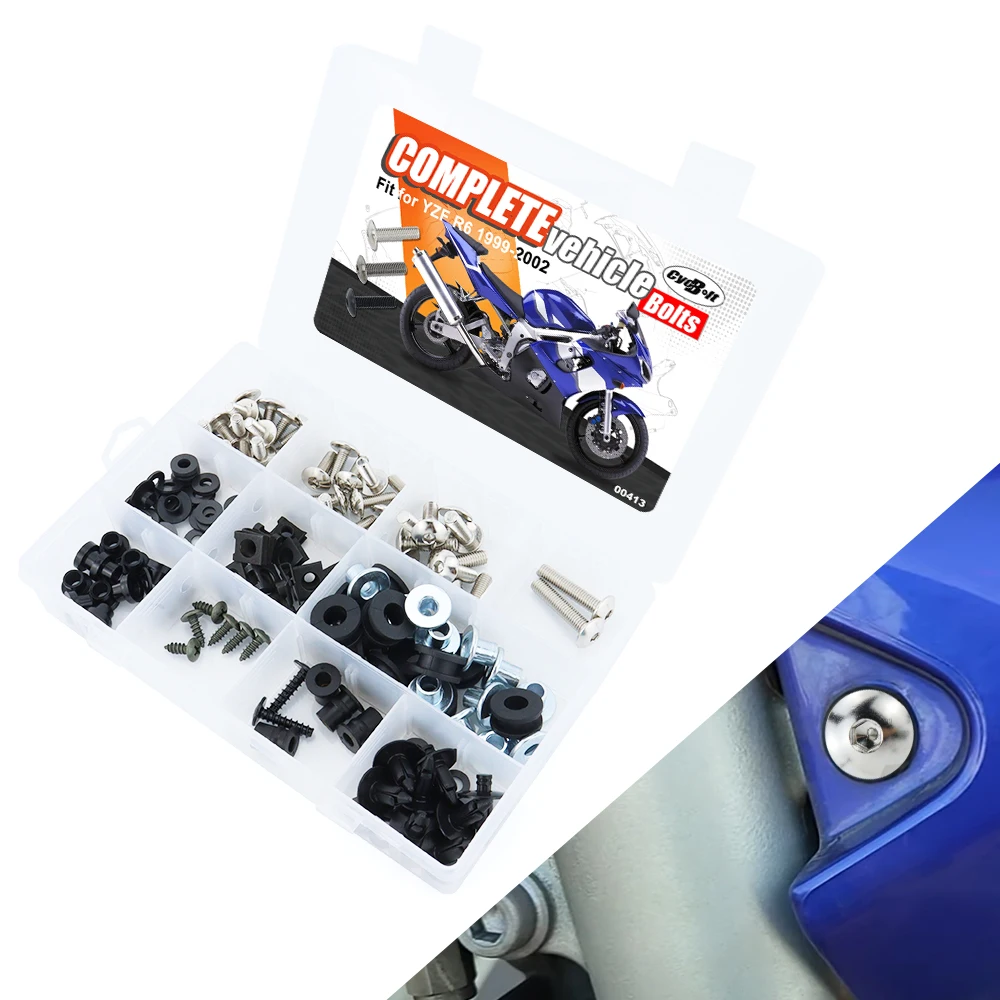 

Motorcycle Complete Full Fairing Bolts Kit Fit For Yamaha YZF R6 1999 2000 2001 2002 Fairing CIips Nuts Screws Grommets Steel