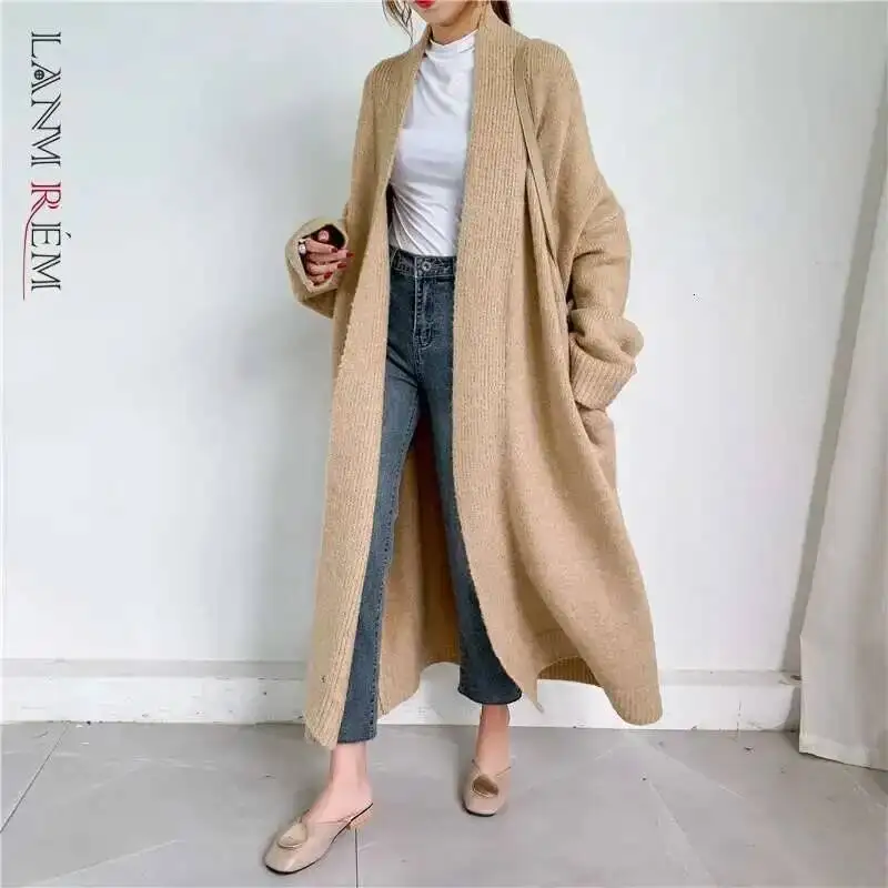 LANMREM 2025 New autumn Fashion Women Clothes Scarf Collar Lantern Sleeves Pocket Loose Knits Cardigan WJ82604