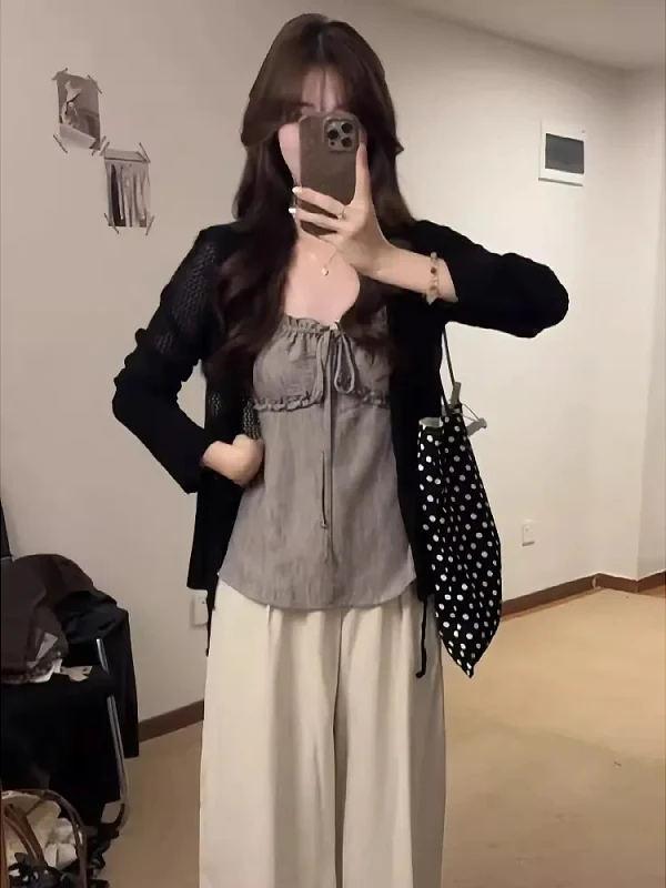 

plus Size Women's Korean Style Wood Grain Strap Cardigan Two-Piece Set Summer New Unique Good Looking Top for Ladies
