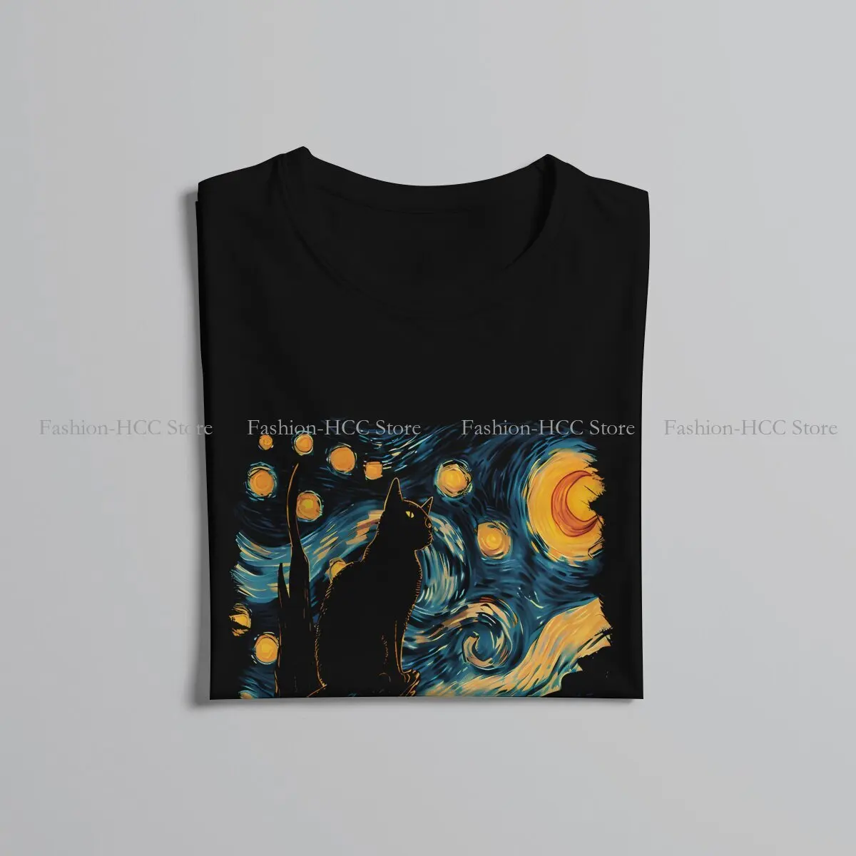 Vincent Van Gogh Starry Night O Neck TShirt Black Cat Fabric Classic T Shirt Men Clothes New Design