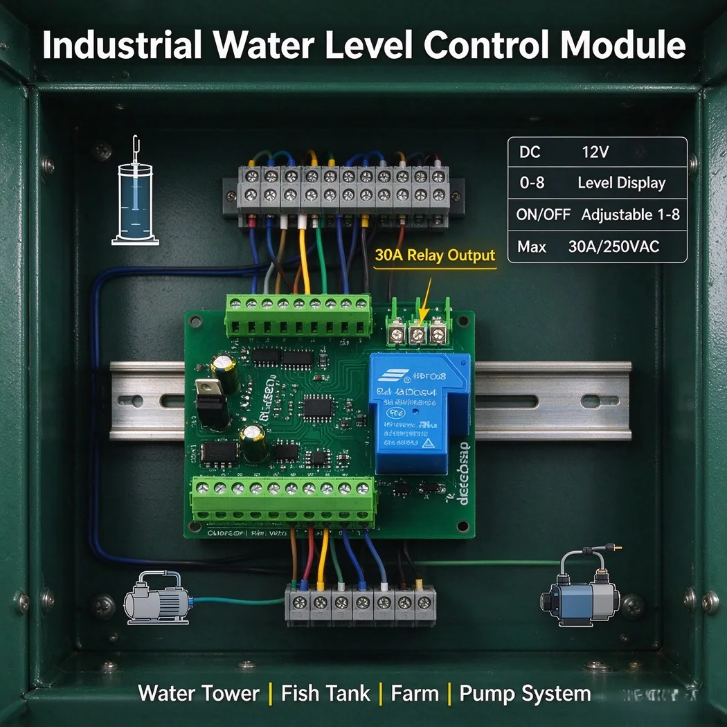 DC12V Water Level Controller Relay Module Digital Tube Display 0-8 Level 30A Relay for Automatic Water Tower Pump Control