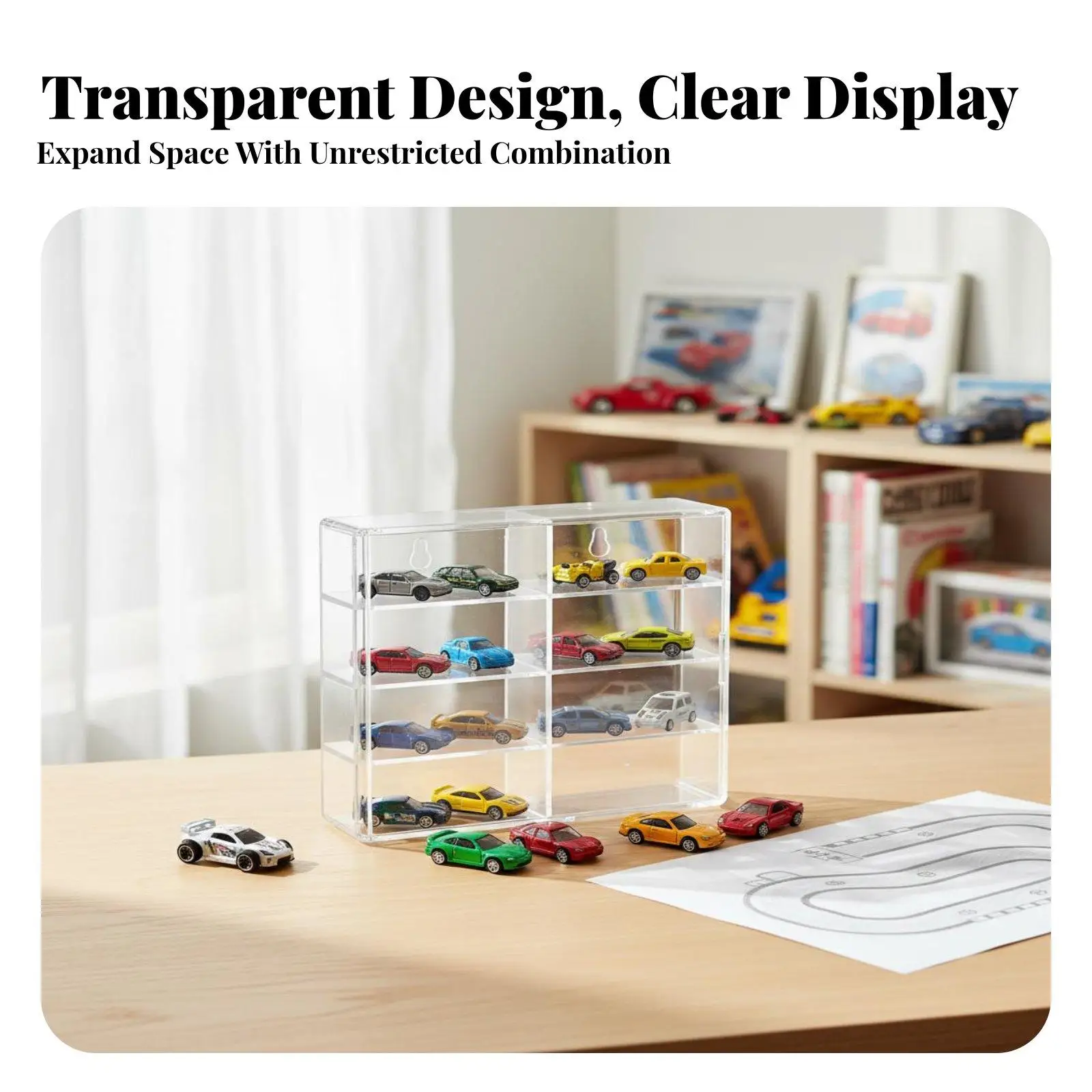 Car Model Display Case Organizer 8 Slot Transparent ABS Plastic Storage Box for Diecast Vehicles Stackable Showcase Home