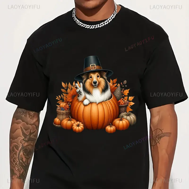 Fashion Autumn Pumpkin Shetland Sheepdog Thanksgiving Womens Mens T-Shirt New Autumn Winter Graphic T Shirts Comfort Cotton Tops